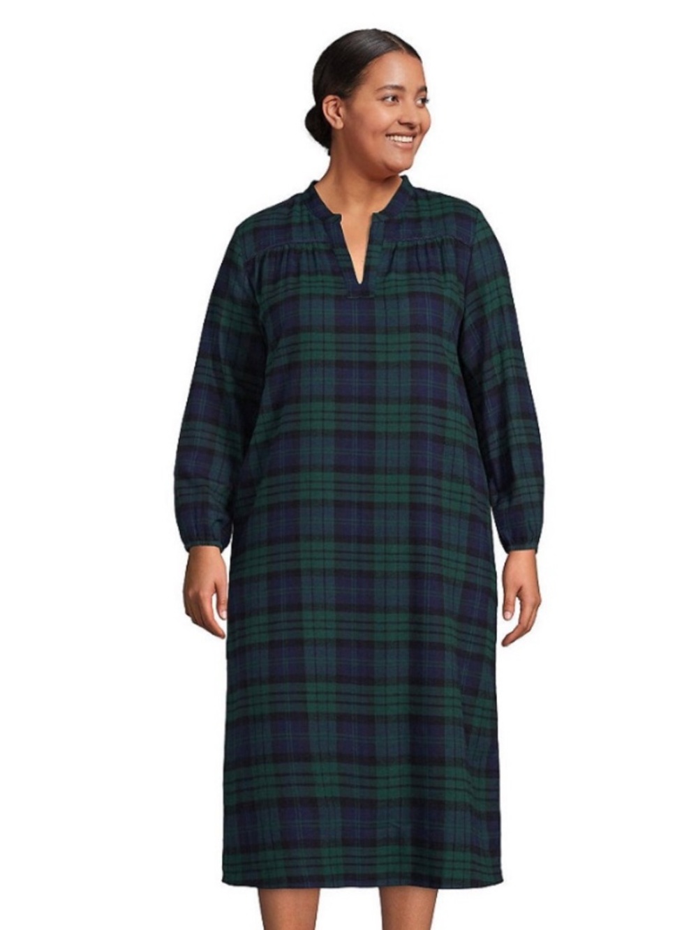 Lands End Plaid Tartan Flannel Nightgown Long Sleeve Blue Green 3X 24W 26 W